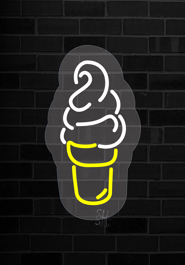 White Yellow Ice Cream Logo Contoured Clear Backing LED Neon Sign N100-2598-CC