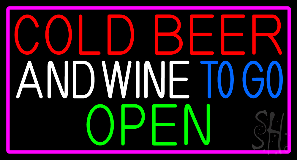 Cold Beer And Wine To Go Open With Pink Border LED Neon Sign Cold Beer Open Neon Signs