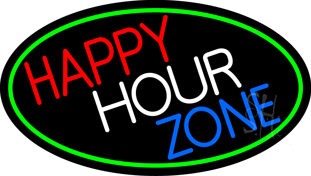 Happy Hour Zone Oval With Green Border Neon Sign Happy Hour Neon