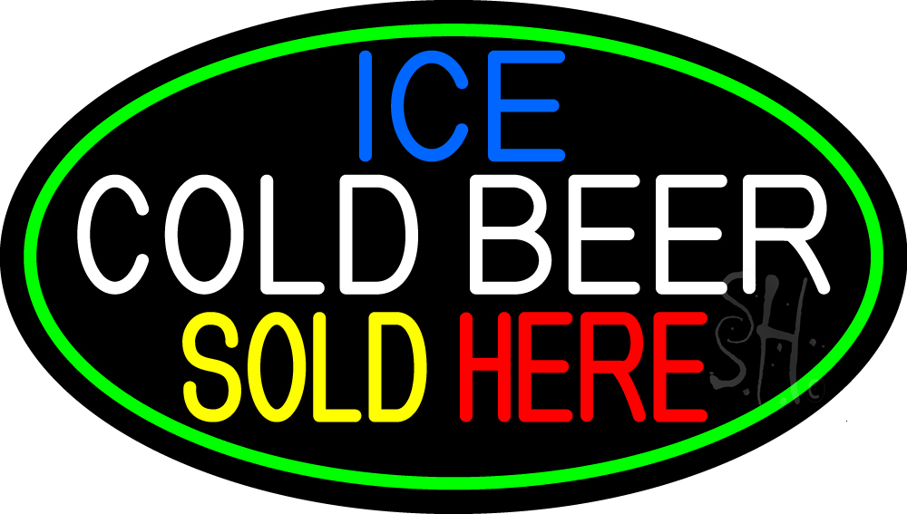 Ice Cold Beer Sold Here With Green Border Neon Sign For Delete